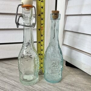 Vintage Pair Decorative Aqua Glass Bottles Grapes‎ Design ~ Made in Spain 5-6"H